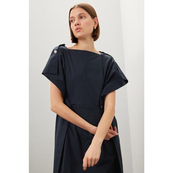 Plan C Dark Blue 100% Cotton Square Neck Button Up Back A-Line Dress Size 44 - Picture 2 of 14